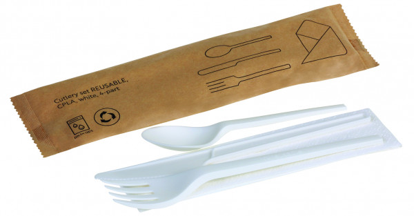 Besteckset REUSABLE CPLA, weiß, 4-teilig: Messer, Gabel, Kaffeelöffel, Serviette