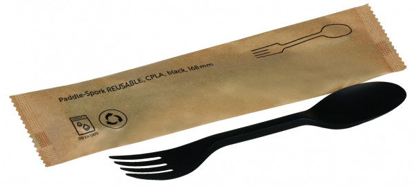 Paddle-Spork REUSABLE CPLA schwarz, einzeln verpackt, 168mm, naturesse