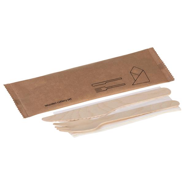 Holz-Besteckset, 3-teilig, Gabel, Messer, Serviette