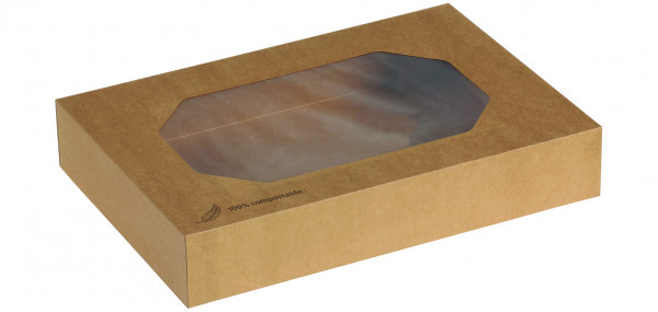 Transport Box Kraft "M" mit PLA-Sichtfenster 46 x 32 x 8 cm