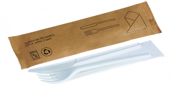 Besteckset REUSABLE CPLA, weiß, 3-teilig: Messer, Gabel, Serviette
